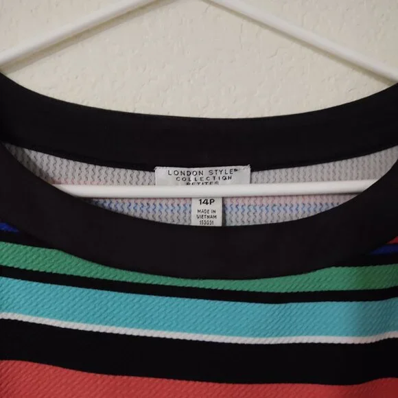 LONDON STYLE COLLECTIONS BLACK BACK FRONT STRIPED PETITE SIZE 14 KNIT STYLE DRES - Picture 2 of 7